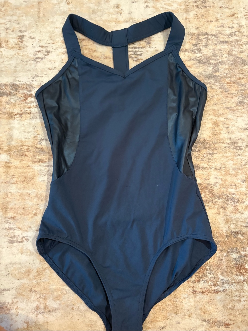 Capezio Navy leotard with Sheer Side Panels and open back